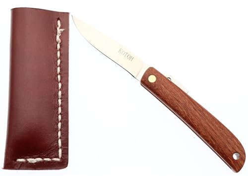 Couteau de Poche Pliant Japonais Fait à la Main au Japon par Mr KOTOH Acier D2 Manche Bois Couteaux Artisanal Mécanisme de Verrouillage par Friction (Bois Rouge)