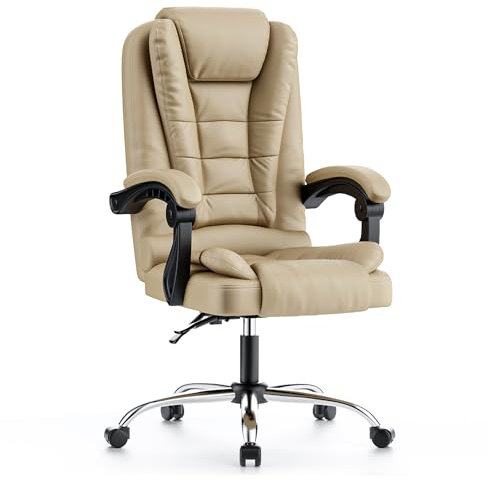 naspaluro Ergonomischer Bürostuhl, Schreibtischstuhl mit Hoher Rückenlehne und Höhenverstellbar, PU Leder Drehstuhl, Liegestuhl für Büro, Zuhause Khaki