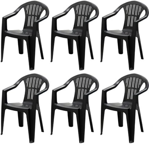 Tomaino - Gartenstuhl aus Kunststoff, Set mit 6 Stühlen für den Außenbereich aus Harz, mit Armlehnen, stapelbar - Camping, Bar (6, Schwarz)