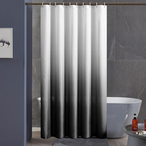 Furlinic Tenda da doccia da bagno in tessuto di poliestere, resistente alla muffa, impermeabile, lavabile per doccia, vasca da bagno, 150 x 200 cm, bianco dopo nero, con 10 anelli per tenda da doccia.
