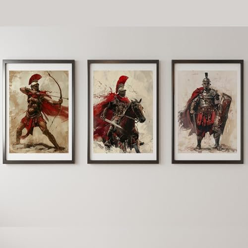MJ-GRAPHICS® Poster Set Römer Krieger Jungen Gamer & Jugendzimmer Bilder Römische Armee Poster Gaming Zimmer Deko, 3xA3, Gladiator Cäsar Legionär Bilder Bogenschütze Wanddeko Deko Bilder ohne Rahmen