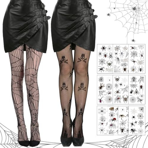 LGZIN Collant Halloween Femme, 2 Paires Halloween Collants Résille Femme avec 10 Araignée Tatouage Temporaire, Collant Resille Noir, Sexy Élastique Collants, Deguisement Halloween Femme pour Carnaval