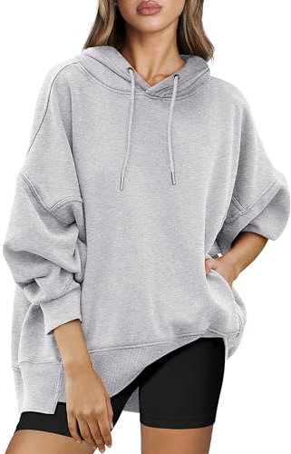 Timuspo Sweatshirt Damen mit Kapuze Langarm Hoodie Baumwolle Bequeme Lang Kapuzenpullover Grauer Pullover Basic Streetwear Kapuzenpulli XL