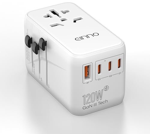 EINNO Universal Travel Adapter - 120W, Worldwide Adapter for EU, USA, UK, Australia, 3 USB-C & 1 USB-A