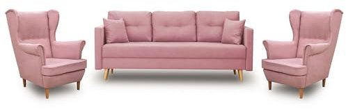 Bonni24 Skandinavische Sofagarnitur 2 Sessel Lahti/Denver Pink (Rosa, 1x 3-Sitzer-Sofa, 2X Sessel)