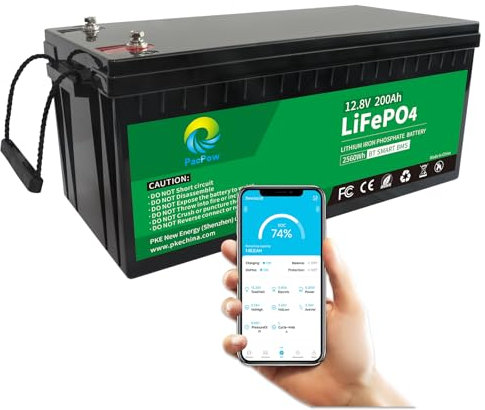 PacPow 12V 200Ah LiFePO4 Batterie Bluetooth mit 14,6V 10A Ladegerät JBD 150A Smart Wohnmobil Boot Solaranlage Wohnwagen Solar Haushalt