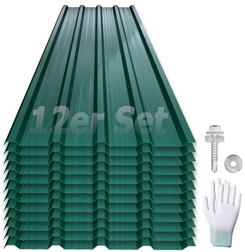 YRHome 12 piezas de tejas para techo trapecio 129,5x45cm chapa de acero forma chapa placas para techo resistente a la intemperie para garajes chapa galvanizada para techo tipo A verde incl. tornillos