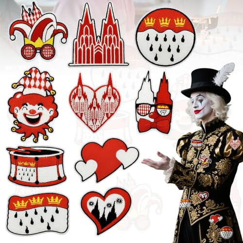 10 Stück Bügelbilder Karnev-al, Rot Weiß Karn-eval, Bügelbilder Für Textilien, Köln Tattoos Karneval, Büg-elbilder Köln Karneval, Für Süße Stickerei-Reparaturaufnäher Zum Nähen Oder Bügeln