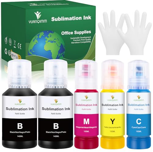 YUANQIMM Sublimationstinte Multipack Kompatibel für Epson ecotank E102 E104 ET-2810 ET-2820 ET-2830 ET-4810 ET-2815 ET-2850 ET-2856 ET2870 ecotank Drucker für Heat Transfer T-Shirts Becher Keramik 5Pk