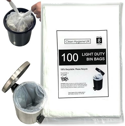 8L Bin Bags 100 Count Waste Pedal Bin Liners Small 8 Liter Trash Bags For Toilet Bedroom Bathroom Hotels Garbage White Refuse Sacks For Rubbish 8 Litre Light Duty