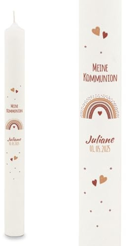 GRAVURZEILE Bedruckte Stabkerze - Regenbogen - Personalisiert mit Name & Datum - Geschenk zur Taufe, Kommunion oder Konfirmation - Für Jungen & Mädchen - Altarkerze 400/40 mm - Farbe: Rot