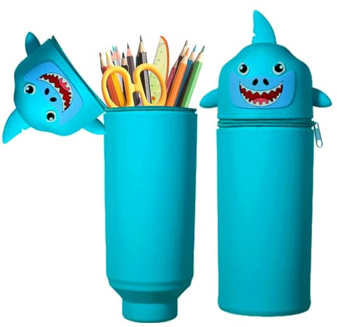 MEISHANG Federmäppchen Silikon-Hai,18 Modelle zur Auswahl,2 in 1 Weiche Silikontasche,Mäppchen Tier 18,5 cm Hoch, Reißverschluss und Ausdehnbar,Stifte Mäppchen für Mädchen Junge(Blau)