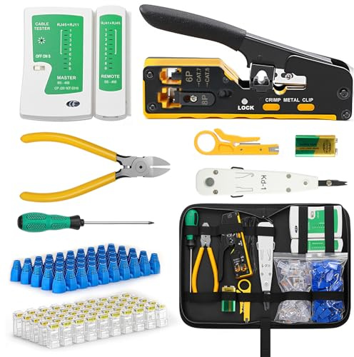 Crimpadora RJ45 Kit Herramientas de Red SOARFLY | Juego Completo con Conectores RJ45 Pasantes Cat5/Cat6/Cat7, 50 PCS Conectores, Pelacables, Comprobador de Red y Compatibilidad con RJ11/RJ12/RJ45