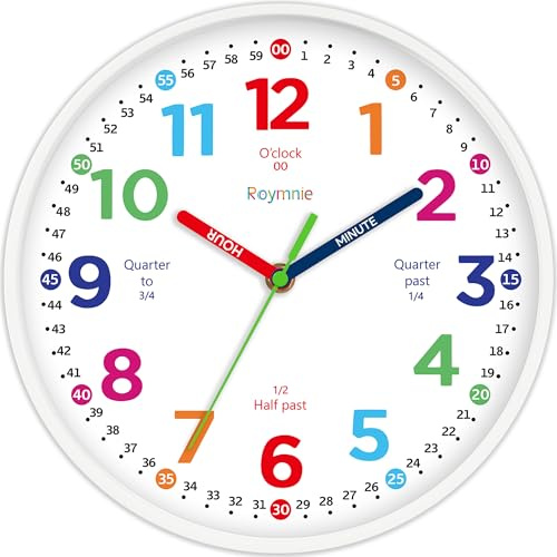 Roymnie Wall Clock for Kids Learning to Tell Time Non Ticking Battery Operated Kids Teaching Clock Small Teaching Time Clock Decorative for Kids Room Classroom School (8 Inch)