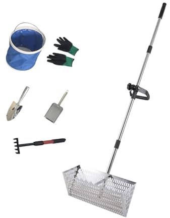 Rastrillo de pulgas de arena, kit de tamiz de arena de playa, dientes de tiburón de acero, tamiz de arena de playa con mango largo desmontable, rastrillo de mango largo desmontable ancho para playa