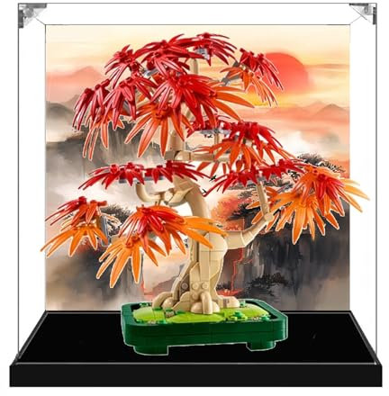 Acrylic Display Case for Lego 10348 Red Maple Tree Bonsai Model, Dustproof Transparent Display Case, Model Collection Display Case (Model not Included) (Black Base+Background)