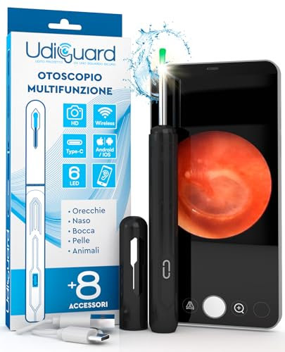 Otoscopio Pulizia Orecchie Rimozione Cerume con Telecamera 1920p WiFi 3,6mm - UdiGuard Pulitore Orecchie Digitale con 6 Luci LED Adulti Bambini Animali - Compatibile con Android iPhone iPad Nero