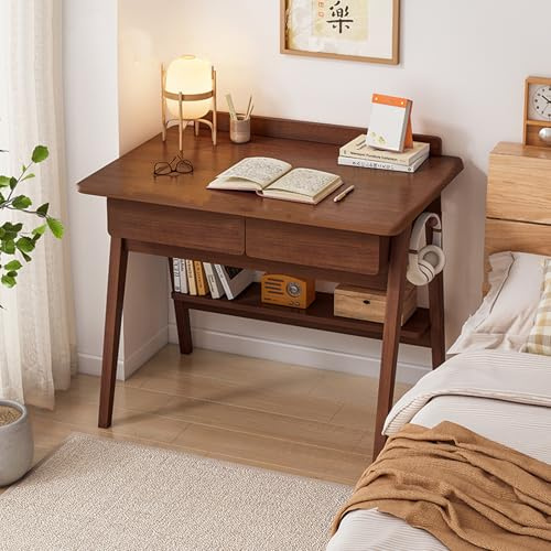 DCLINAD Schreibtisch aus Massivholz, Schreibtisch mit Schubladen, Vintage-Schreibtisch (Dunkelbraun, 100 cm)
