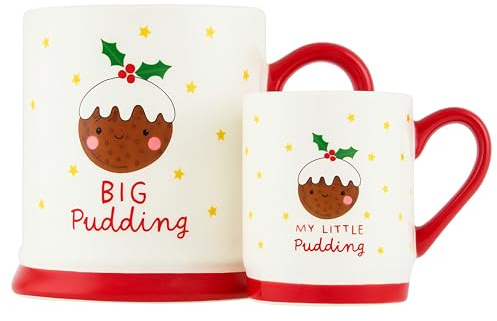 eBoutik - Christmas Big Pudding & Mini Pudding Family Matching Mugs Set - Xmas Holiday Collection Gift for Parents & Children - Cute Festive Hot Chocolate Tea Cups for Mummy Daddy Mini Me Design