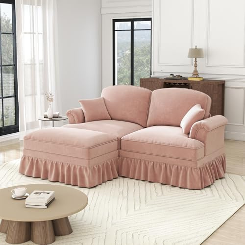 ZKLOEP Divano a forma di L a 2 posti in ciniglia modulare con braccioli, grembiule rimovibile, gambe a forma di mandrino e sgabello mobile, seduta profonda per soggiorno, rosa