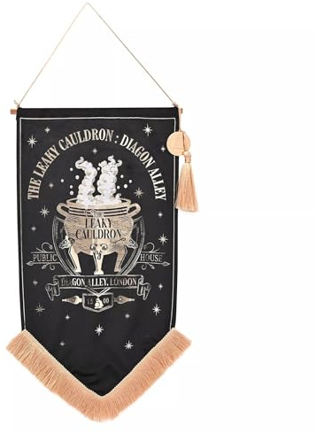 Warner Bros Harry Potter Alumni Banner Leaky Cauldron, dekorativer Wandbehang mit Quaste, Schwarz mit Fransen Detail