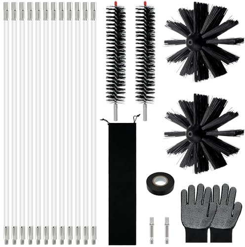 rloao 21Pcs Chimney Cleaning Brush Kit, Duct Vent Rotary Cleaning Tools | 12 Nylon Rods, 4 Brush Heads, and 2 Hex Adapters, Flexible Chimney Sweep Kit for Flue Fireplace Sewage Pipe Fume Hood