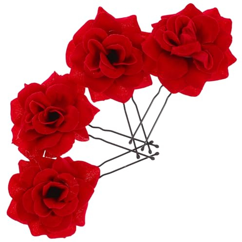 INOOMP Épingle à Cheveux Chic Rétro en Alliage de Zinc et Tissu Rouge, Décoration Cheveux Solide pour Mariée et Soirées Jardin, Lot de 4 Pièces