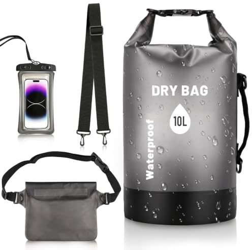 Dry Bag Rucksack 10L Wasserdichter Packsack mit Bauchtasche und Handyhülle | PLCatis Seesack Wasserdicht Klein Drybag Wasserfeste Tasche für Boote Kajak Sup Wassersport Camping - Schwarz