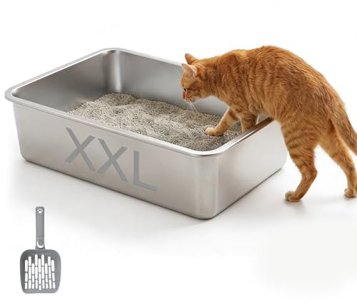 LEEJARD Edelstahl Katzenklo 60x40x15cm– Große Katzentoilette für Katzen und Kaninchen, Rostfrei& Antihaftbeschichtet, Leicht zu Reinigen, Offenes Katzenklo XXL mit Schaufel,
