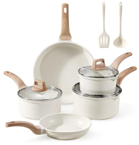 CAROTE 10-Piece Nonstick Pots and Pans Set with Lids&Utensils(Cream White | Marble-Effect Coating, PFOS & PFOA Free, Suitable for All Hob,Easy to Clean,Easy-Pour Spout