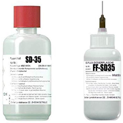 Profi-Set: 250 ml Flussmittel SD-35 + 50 ml in EO-Flux-Dosierflasche FF-SD-35, No-Clean, 3,5% Feststoff, harzfrei, zum Handlöten u. Litzenverzinnen