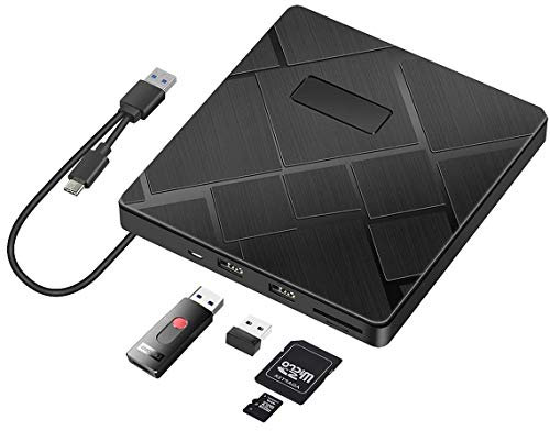 BEVA External DVD CD Drive, USB 3.0 & Type C CD/Dvd +/- RW burner with SD/TF Card Reader Portable Disk Player Rewriter for laptop, desktop Mac, iOS, MacBook, Windows 10/8/7 / XP/Vista/Linux