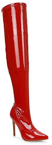 Womens Over The Knee Red Patent Thigh High Stiletto Heel Ladies Stretch Calf Boots (Red Patent, 6)