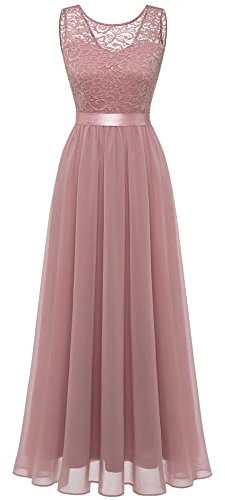 Berylove Robe de Soirée Longue Rose sans Manche avec Dentelle Florale Mousseline pour Mariage Invité BLP7025 Blush 2XL