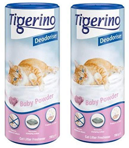 Tigerino Deodorierer, Babypuder – 2 x 700 g pudriger blumiger Duft mit Vanille, Jasmin und Veilchen, abgerundet mit Iris- und Zederholz, Streu Deodorizer mit feinem Granulat aus natürlichem Ton