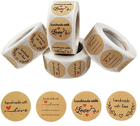 2000 Stück Handmade Aufkleber,Etiketten Marmelade 4 Rollen Love Aufkleber Sticker Kraft Selbstgemacht Mit Liebe Etiketten Rund Selbstklebend Geschenkaufkleber
