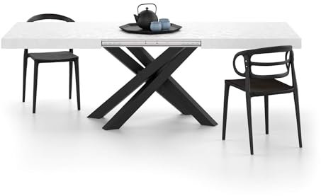 MOBILI FIVER, Mesa Extensible Emma 160(240) x90 cm, Color Cemento Blanco con Patas Cruzadas Negras, para 6-10 Personas, Mesa Extensible de Comedor, Mesa Cocina, Salon, Made In Italy