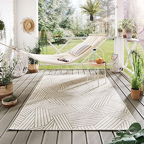 Steffensmeier Indoor Outdoor Teppich Öland Balkon Terrasse Küche Garten wasserfest Kunststoff, strapazierfähig, Kristall Beige Grün, 160x230 cm