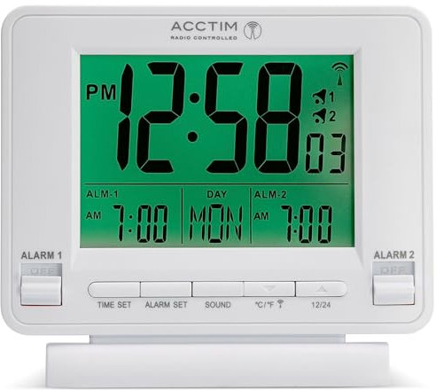 Acctim Delaware Digital Alarm Clock Radio Controlled Dual Couples Alarm Date & Temperature Display White
