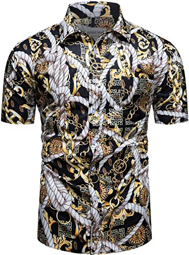 fohemr Mens Chain Print Gold Black Shirt Luxury Baroque Vintage Short Sleeve Casual Button Down Dress Shirts Medium
