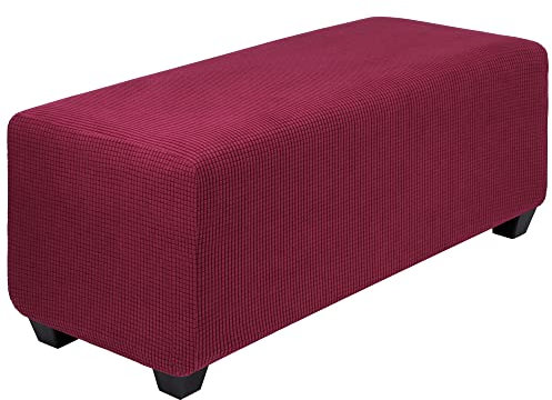 PiccoCasa Hochelastischer Ottomanen-Bezug mit elastischer Unterseite, weicher Schonbezug, Jacquard-Stoff, klein, kariert, rechteckig, Aufbewahrung, Hocker, Möbelbezüge, Burgunderrot, Größe XL