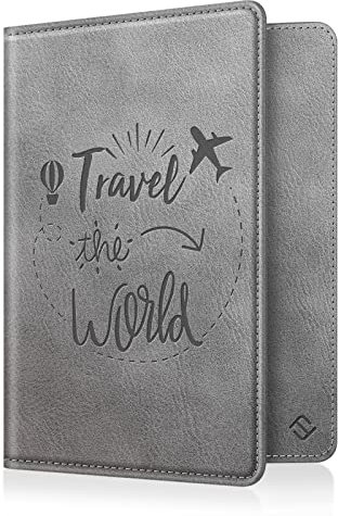 FINTIE Reisepass Impfpass Schutzhülle - Premium Kunstleder Reisepasshülle Travel Organizer mit RFID-Blockier für Kreditkarten, Ausweis, Reisedokumente Damen Herren, Vintage Grau