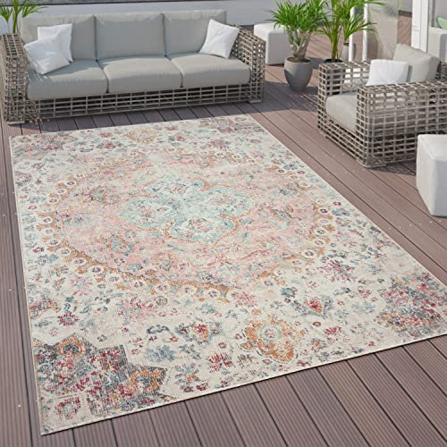 Paco Home Outdoor Teppich Wetterfest Wohnzimmre Balkon Küche Schlafzimmer Orient Muster Vintage Modern Pink Creme Beige, Grösse:200 cm Rund