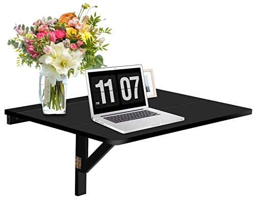 LIFEZEAL Mesa Plegable de Pared, Mesa Colgante de Ordenador, Escritorio Flotante de Madera con 2 Secciones, Mesa de Trabajo para Comedor Cocina, salón y Dormitorio, 80 x 60 x 43 cm (Negro)