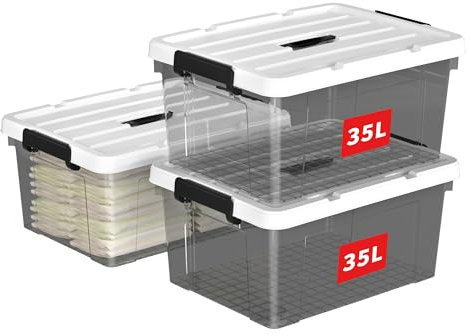 Cetomo 35L*3 Storage Boxes, Carry Plastic Storage Box with Lids, Organizing Container with Handle and Secure Latching Buckles, Stackable, Nestable, Tote Bin for Home Clothes, 35L-3Pack, Clear Black