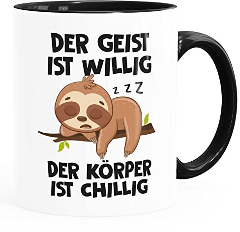 MoonWorks® Kaffee-Tasse mit Spruch Der Geist ist willig Der Körper ist chillig Faultier Bürotasse lustige Kaffeebecher chillig weiß-innen-schwarz standard