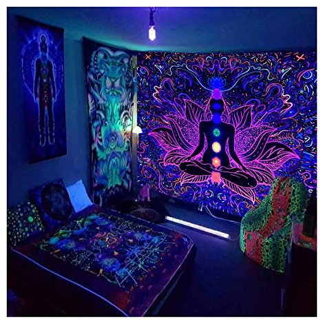 Varnmrop Schwarzlicht wandteppich Chakra Mond Sterne Fluoreszierend Wandbehang Mandala Hippie Tapisserie UV Reaktives Psychedelischer WandtüCher für Schlafzimmer Wohnheim