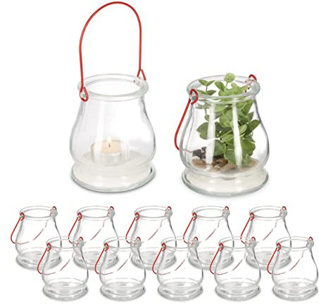 Relaxdays Windlicht, 12er Set, aus Glas, mit Henkel, innen & außen, Teelichthalter, HxD: 10 x 8,5 cm, transparent/rot