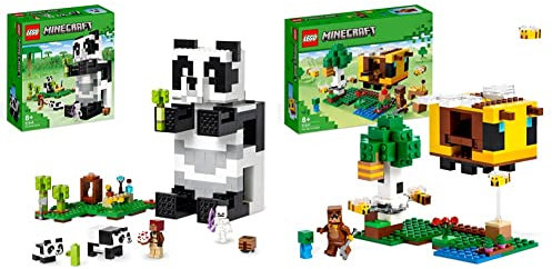 LEGO 21245 Minecraft Das Pandahaus Set, bewegliches Panda-Spielzeug-Haus mit Tier-Figuren und Skelett & 21241 Minecraft Das Bienenhäuschen