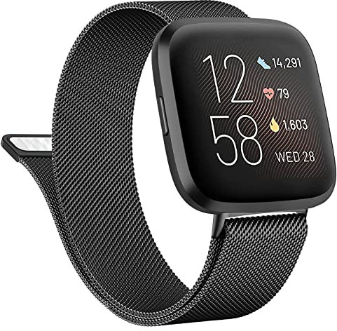 Vanjua Für Fitbit Versa 2 Armbänder Damen Herren, Edelstahl Metall Mesh Loop Verstellbares Magnetisches Armband Ersatzarmband für Fitbit Versa 2,Fitbit Versa Lite,Versa SE Smartwatch (groß, schwarz)
